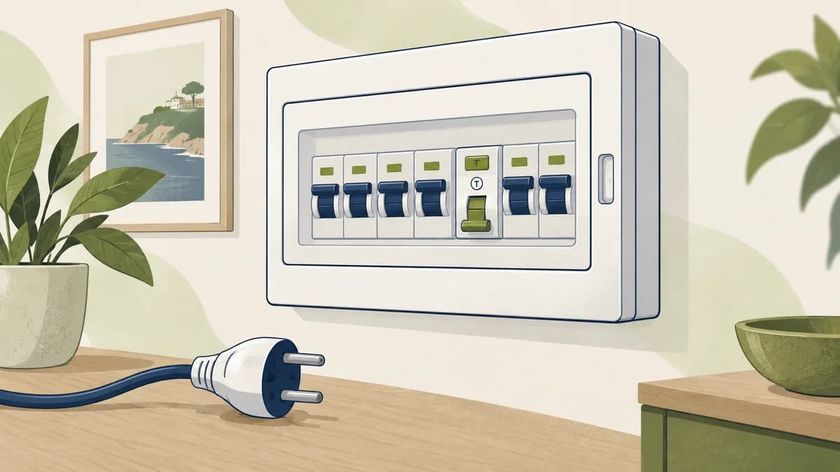 Ilustración de un cuadro eléctrico con un diferencial bajado y un enchufe desconectado.