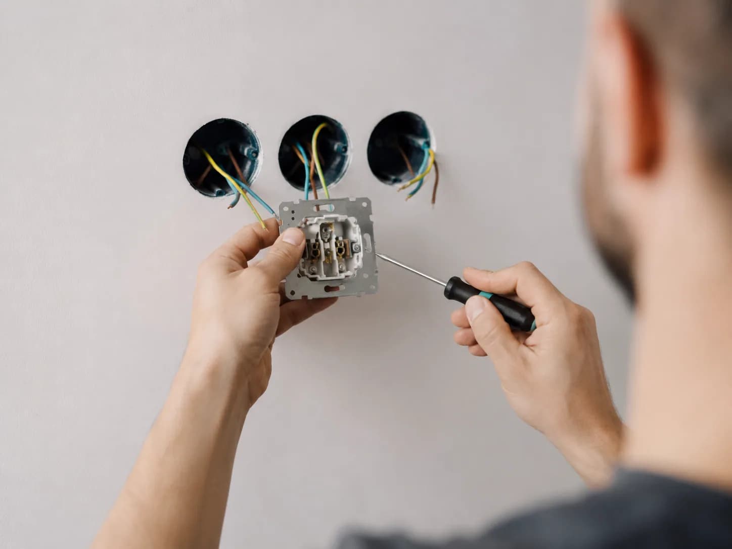 Electricista reparando una caja de mecanismos eléctricos